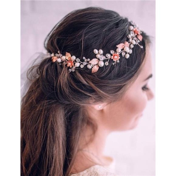 Jumwrit Bridal Pearl Headband Rhinestone Crystal Headpiece Flower Leaves Hair main image 5